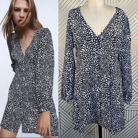 Zara Dress Animal Print‎ Leopard Black and White Button Front Size Large - Picture 1 of 12